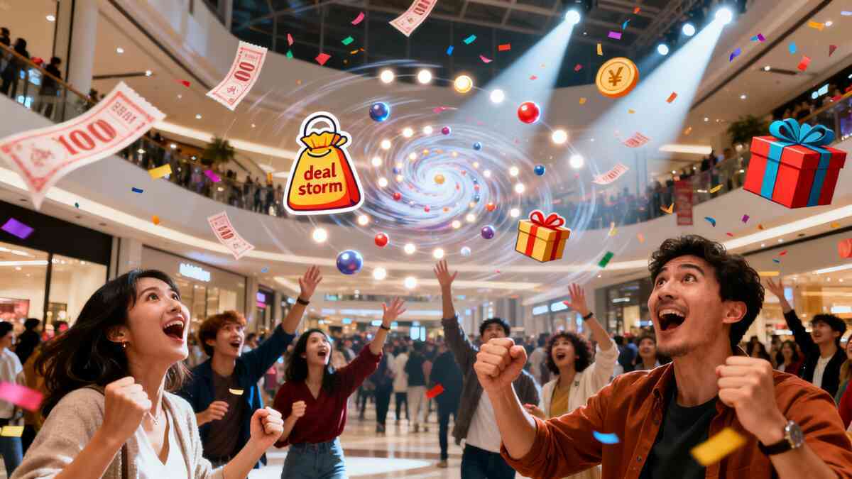 Mall atrium “deal storm” with confetti, swirling lights, flying bills and gift icons above cheering shoppers—pure hype, wide-eyed wonder, euphoric bargain frenzy