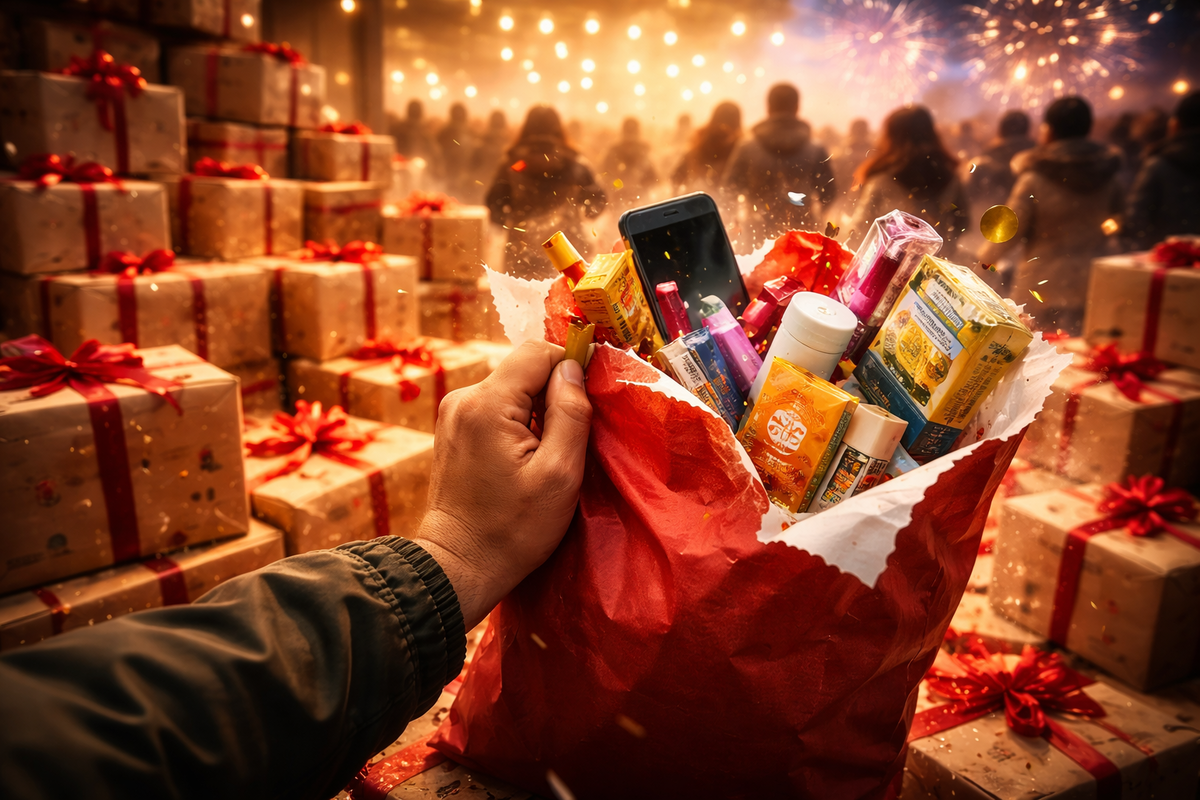 Hand gripping a red lucky-bag bursting with mystery goodies in a fireworks-lit crowd—jackpot suspense, greedy joy, heart-racing unboxing anticipation