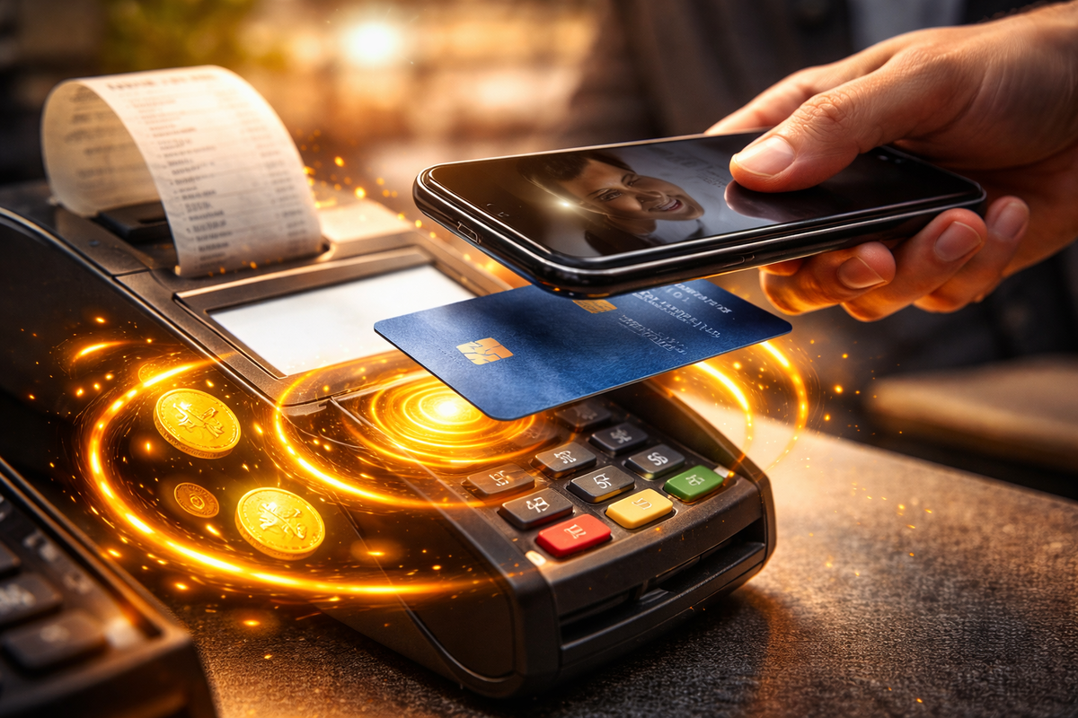Tap-to-pay close-up with phone and card over a terminal, golden coin rings exploding around the receipt—reward rush, addictive points energy, confident smart-saver mood