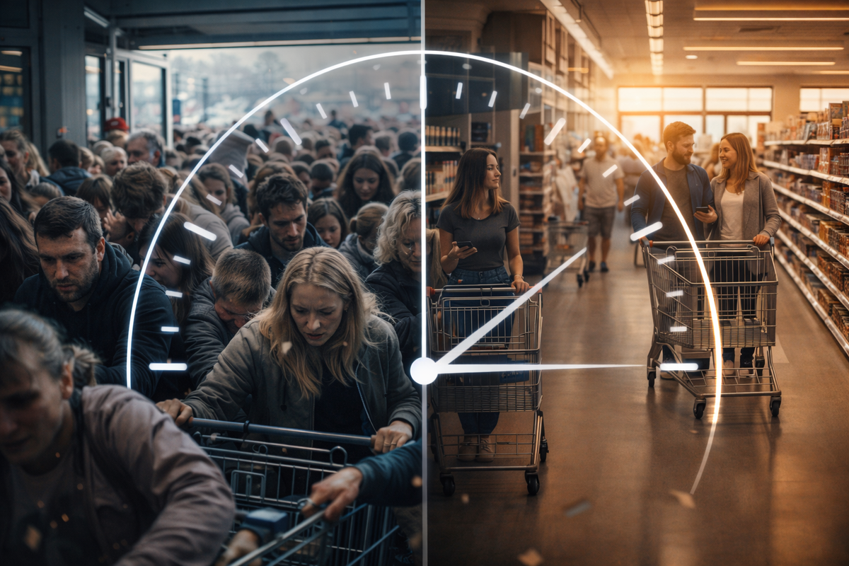 Split scene of packed opening-hour chaos vs calm aisle shopping, clock overlay bridging both—stress versus relief, timing mastery, “choose the right window” clarity