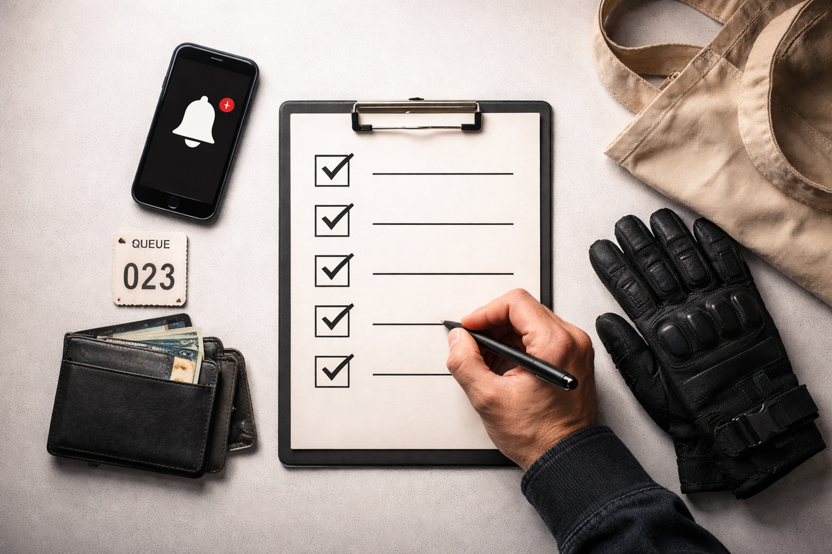 Clean flat-lay mission checklist with notification phone, queue ticket, wallet cash, gloves, and tote bag—locked-in focus, prepared confidence, zero-regret shopping plan
