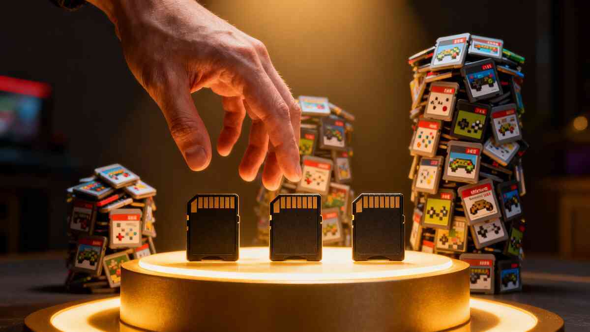 Three unbranded microSD cards on a spotlight podium with towering stacks of game cartridges behind—hand hovering to choose the right size; satisfying, no-regret upgrade moment, “which capacity fits me?” clarity