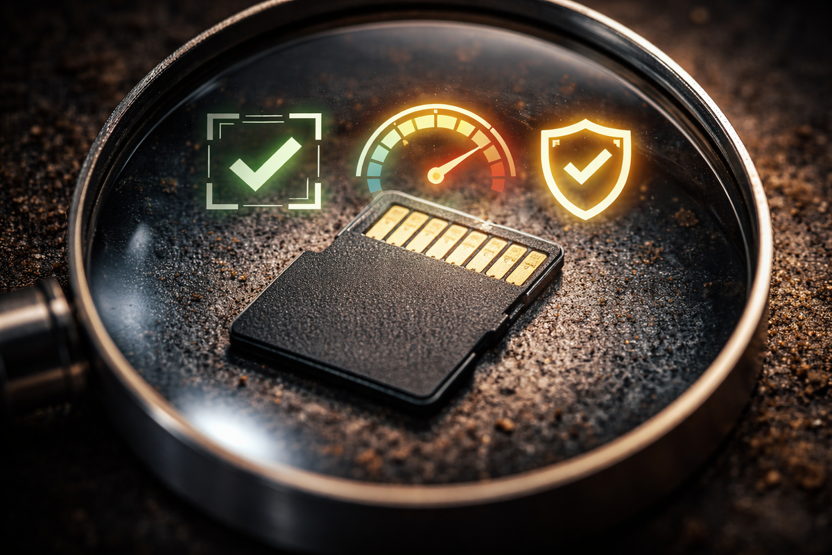 MicroSD card under a magnifying glass with glowing icons (checkmark, speed gauge, safety shield)—deep-focus scrutiny vibe; calm confidence, anti-fake vigilance, “verify before you trust” energy