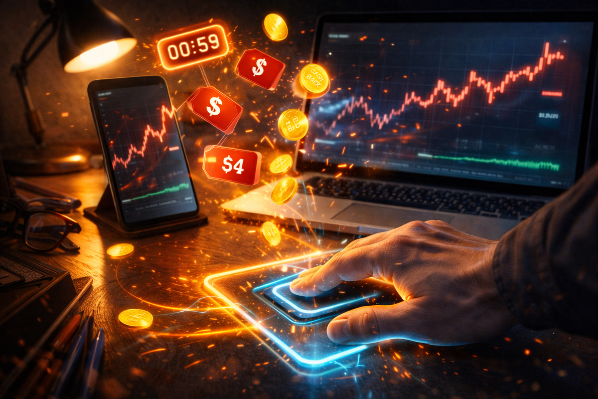 Late-night deal hunt on a desk—laptop and tablet price charts with a ticking countdown, floating discount tags and coins; adrenaline bargain-chasing, sharp comparison mindset, last-minute savings rush