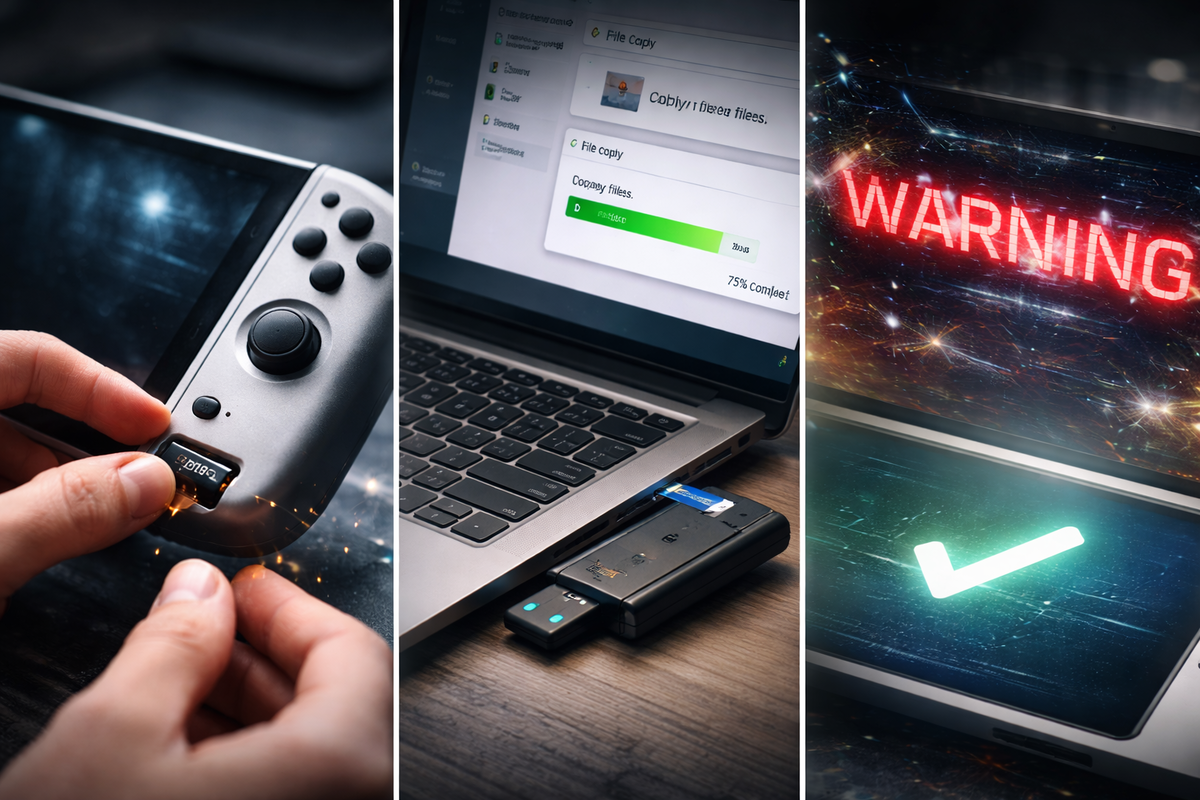 Three-step troubleshooting collage—microSD inserted into a handheld console, file transfer progress on a laptop, then a bold warning flipping to a green check; anxious-to-relieved recovery arc, safe setup and smooth migration