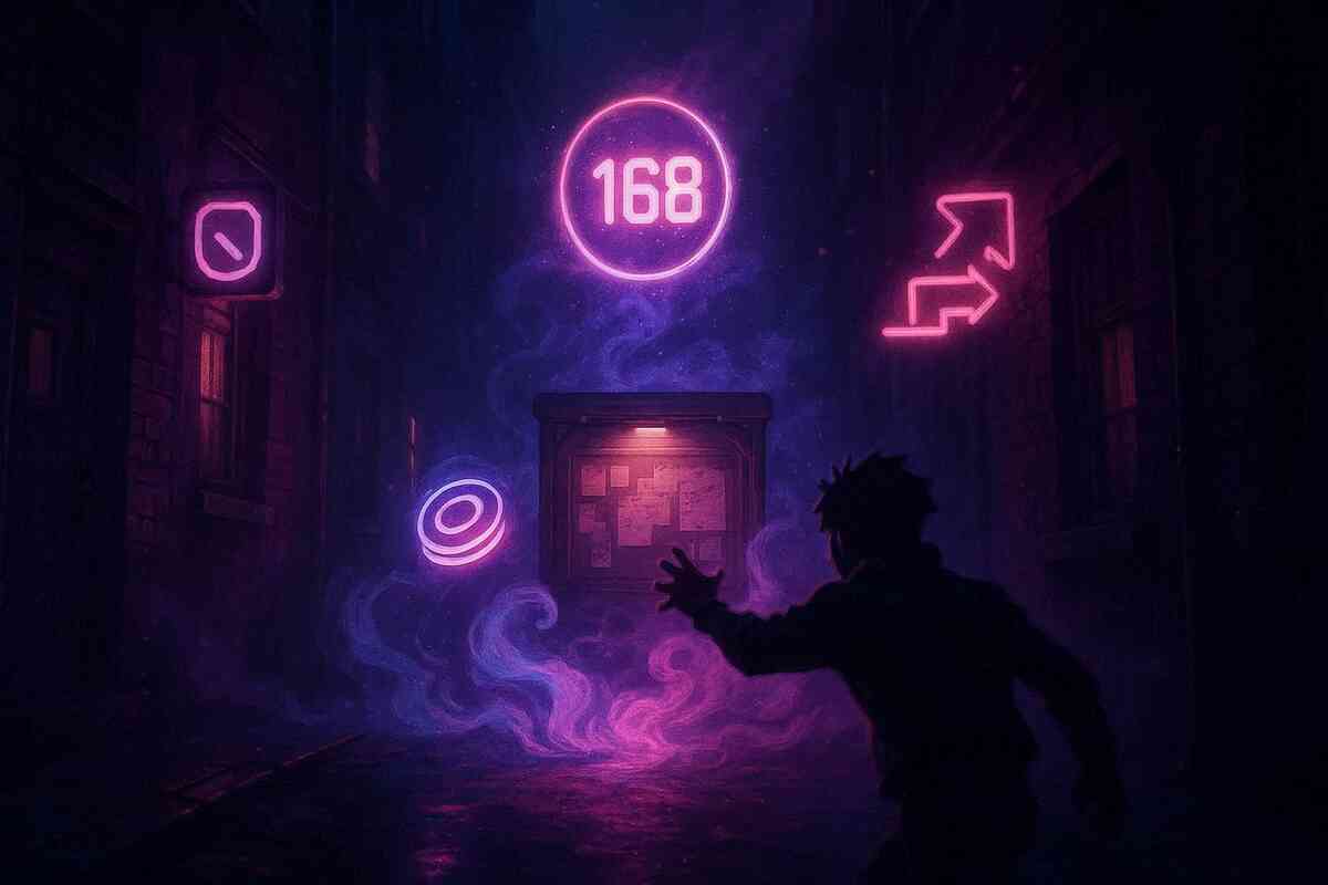 Neon-soaked alley with a glowing “168” mission beacon and swirling dream fog—heart-racing dash to the side-quest board, eerie mystery and urgent momentum