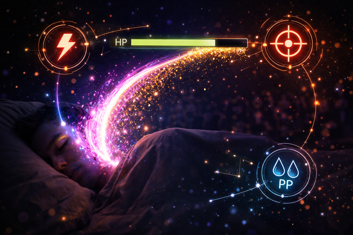 A sleeper wrapped in cosmic sparkles as a bright dream-arc pours into an HP bar—Dream Eater recovery vibes, hypnotic power, satisfying comeback energy