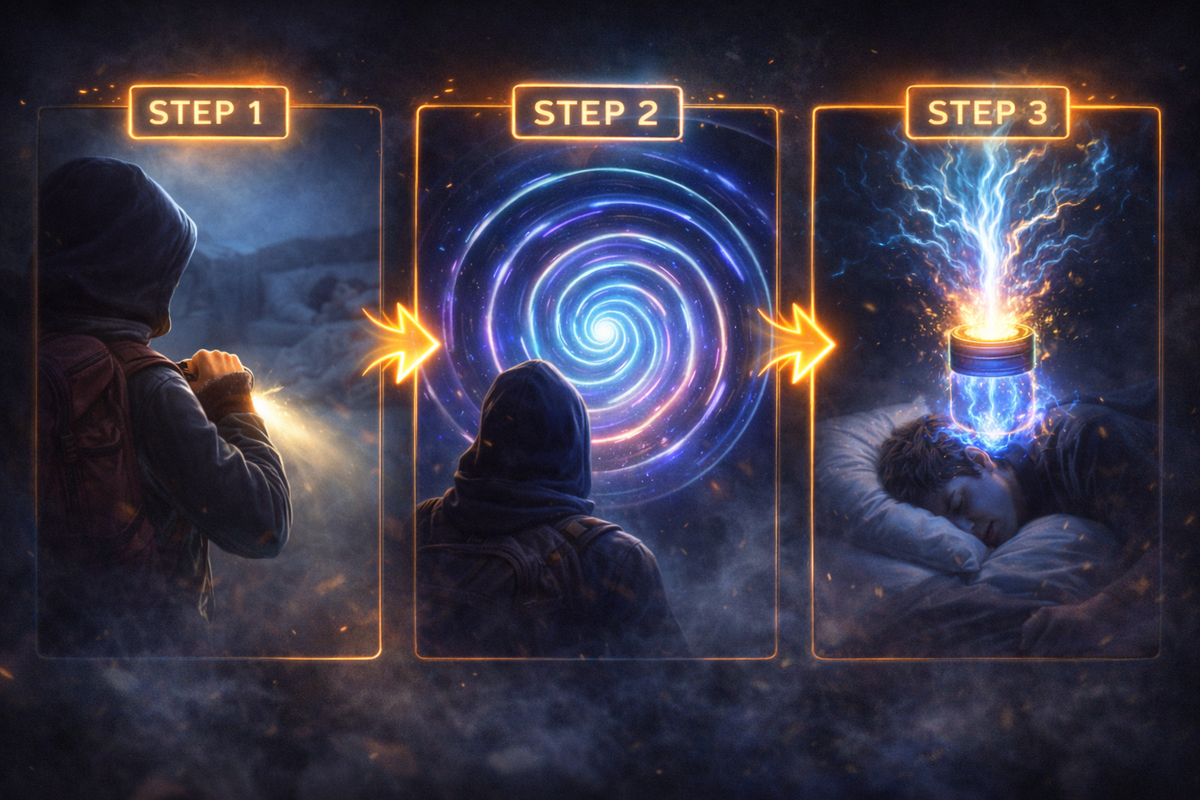 Three-step montage: prep → swirling hypnosis vortex → dream energy captured—clean 3-step shortcut guide, decisive clarity, adrenaline you can feel