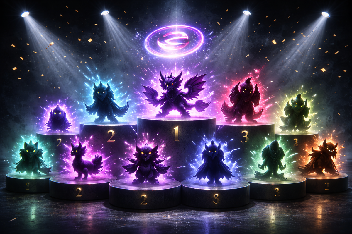 Shadowy psychic creatures on glowing podiums under spotlights—top “Dream Eater” candidates ranked by aura, competitive hype, electric neon drama