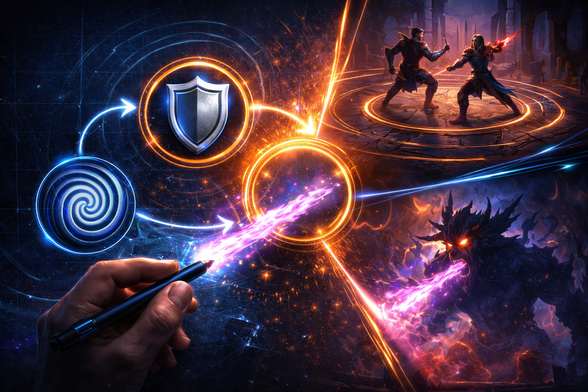 Battle-plan diagram with a hypnosis spiral, shield timing, and a blazing finisher—raid/PvP combo strategy, ruthless confidence, high-stakes control
