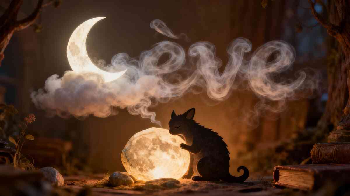 Warm crescent moon and soft dream-smoke spelling “rêve” as a tiny creature hugs a glowing moon-orb—cozy lore moment, tender wonder, midnight magic