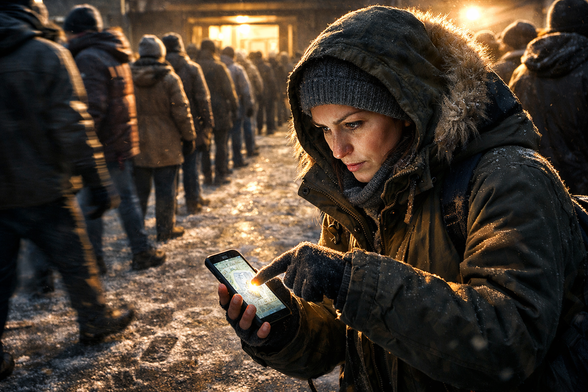 Determined shopper in heavy coat checking smartphone map under icy morning light—frozen fingertips, glowing screen reflection, long line behind—focused determination and survival of the fittest vibe