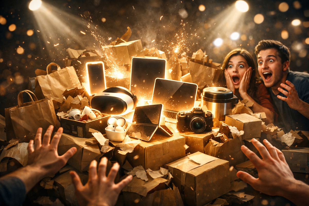 Exploding pile of unbranded mystery boxes—tablets, VR headsets, cameras, glowing sparks of discovery—shock and euphoria on faces, golden light of pure jackpot excitement