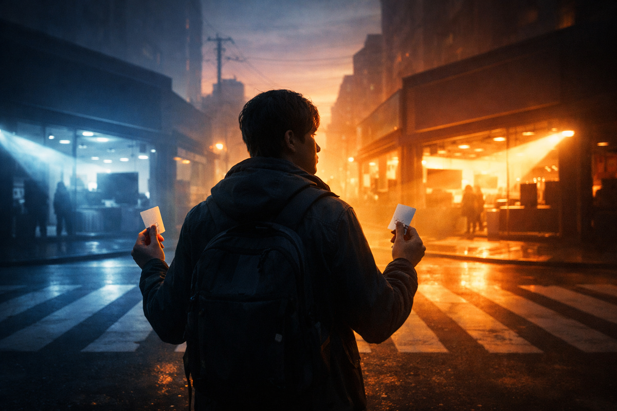 Man at a crossroads between two glowing storefronts—holding two tickets, surrounded by mist and neon dusk—symbol of dilemma and choice, cinematic tension of decision time