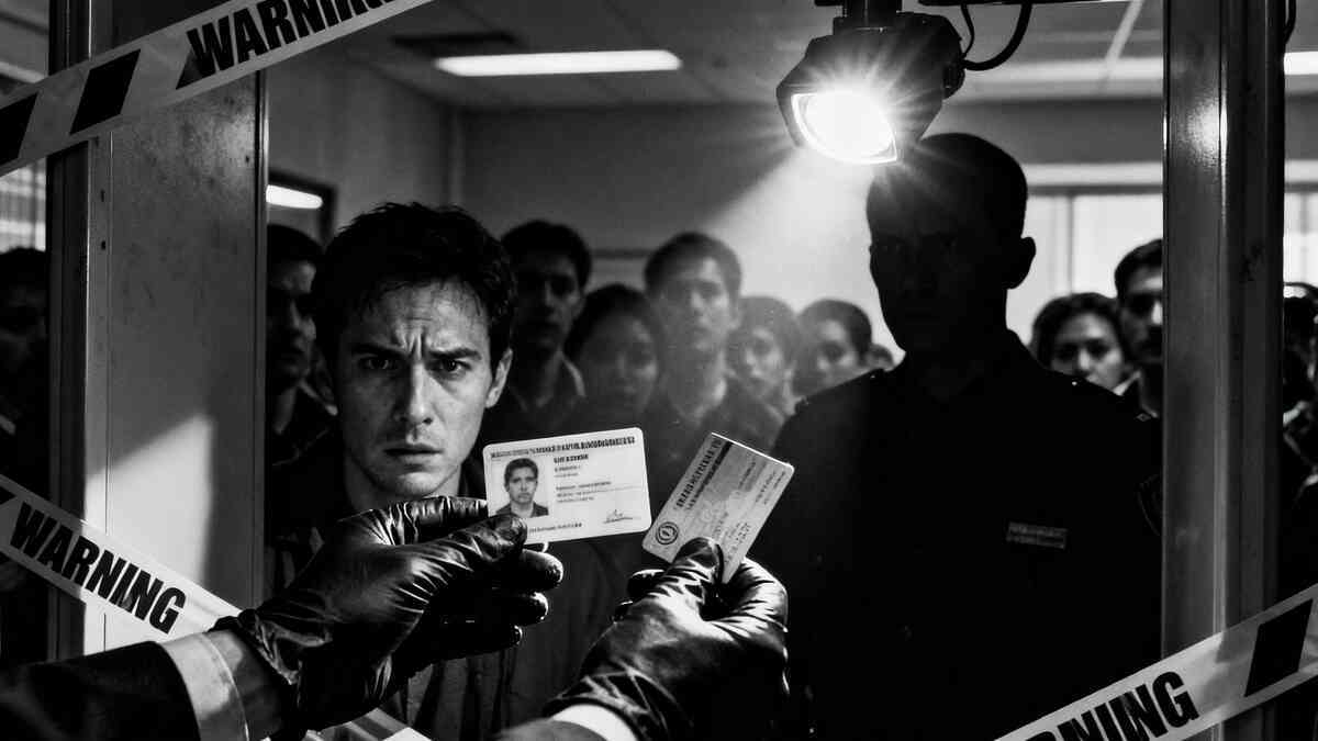 Black-and-white checkpoint tension—ID cards held under harsh spotlight, anxious eyes, crowd behind warning tape—gritty, anxious mood of new rules and verification pressure