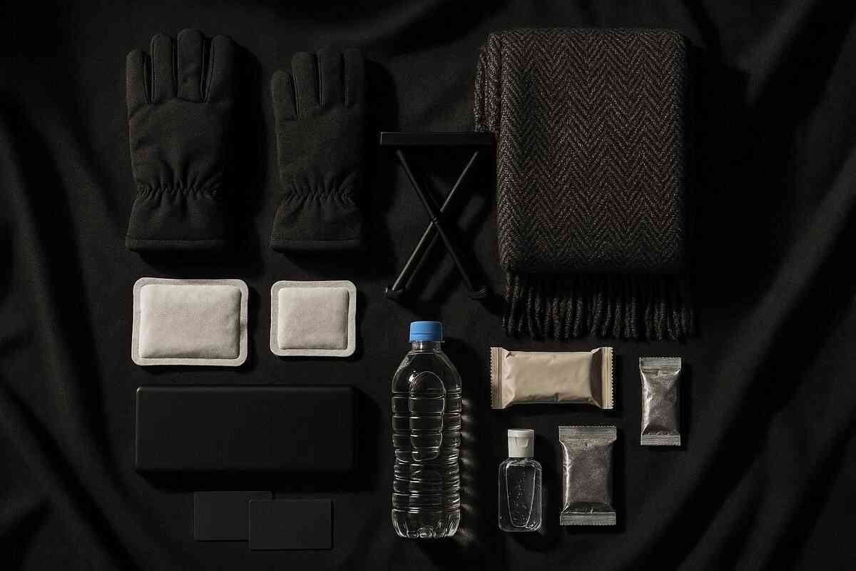 Perfectly arranged winter survival kit—gloves, heat packs, stool, blanket, water bottle, snacks—minimalist flat-lay on dark fabric, calm before the chaos, disciplined preparedness energy