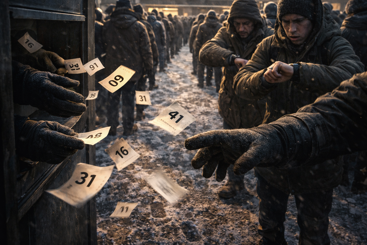 Ticket-distribution scramble in a freezing queue—gloved hands reaching as numbered stubs whip through the air, a shopper checking the time with clenched focus, raw tension and split-second desperation