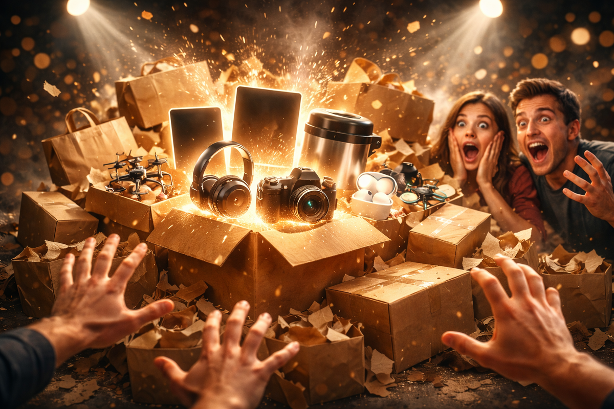 Lucky-bag unboxing explosion—mystery boxes bursting with glowing gadgets, hands lunging forward, faces wide with shock and euphoria, pure jackpot adrenaline and glittering hype energy