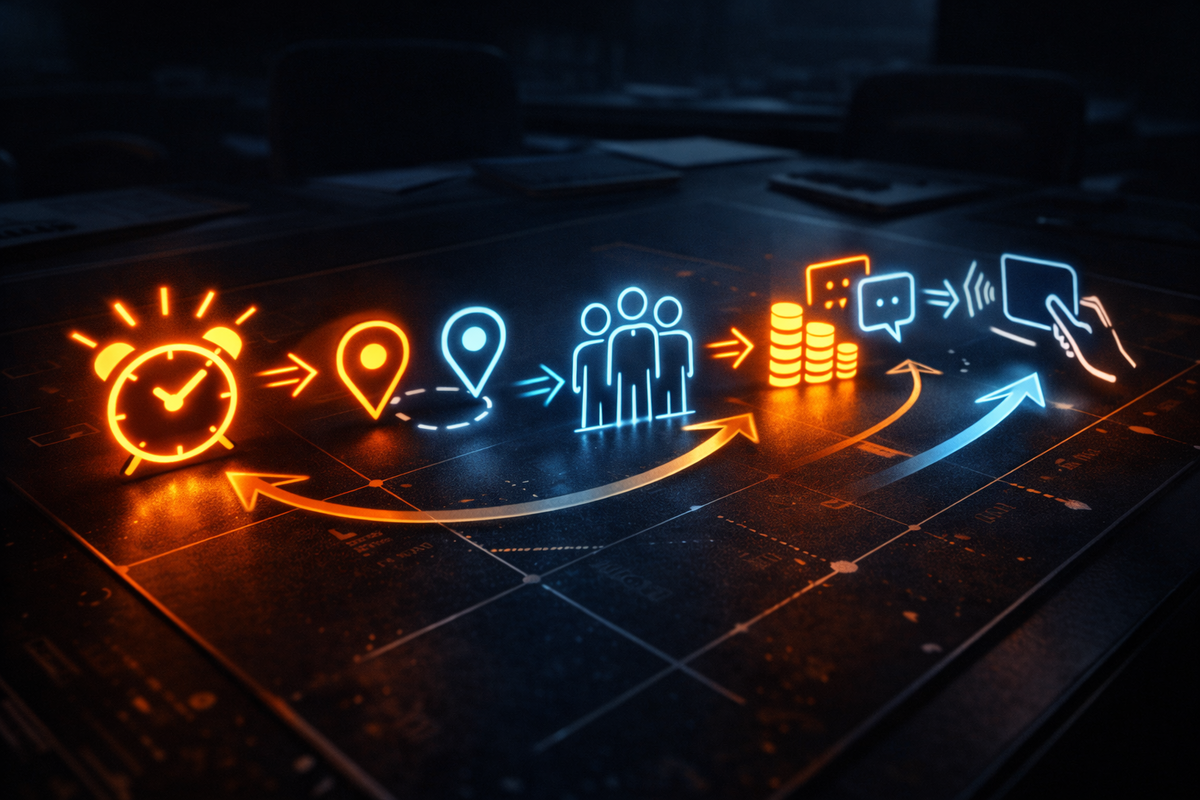 Neon strategy roadmap icons on a dark plan grid—alarm → map pins → team → coins → live chat → tap action, sleek cinematic glow with decisive momentum and battle-ready confidence