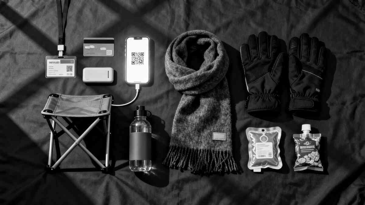 Must-have in-store prep kit flat-lay—ID, payment cards, QR phone, power bank, scarf, gloves, folding stool, water and snacks, calm disciplined readiness before the chaos hits