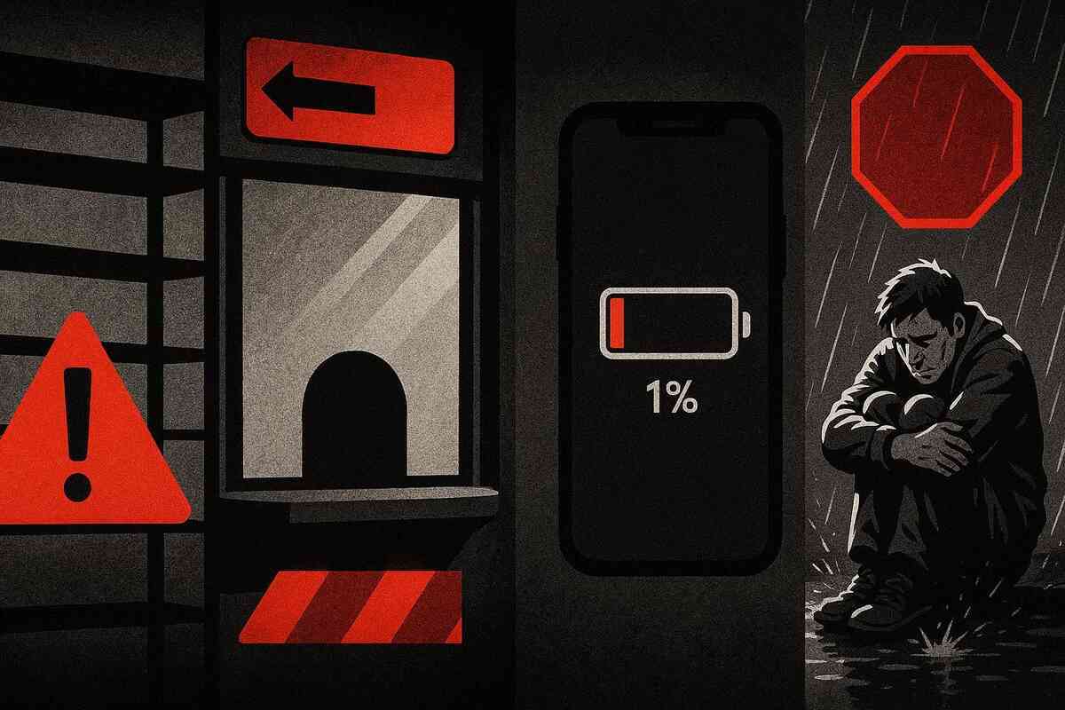 Trouble warning montage—low battery at 1%, blocked route, danger symbols, rain-soaked exhaustion, gritty panic-and-regret mood that screams “don’t make these mistakes”