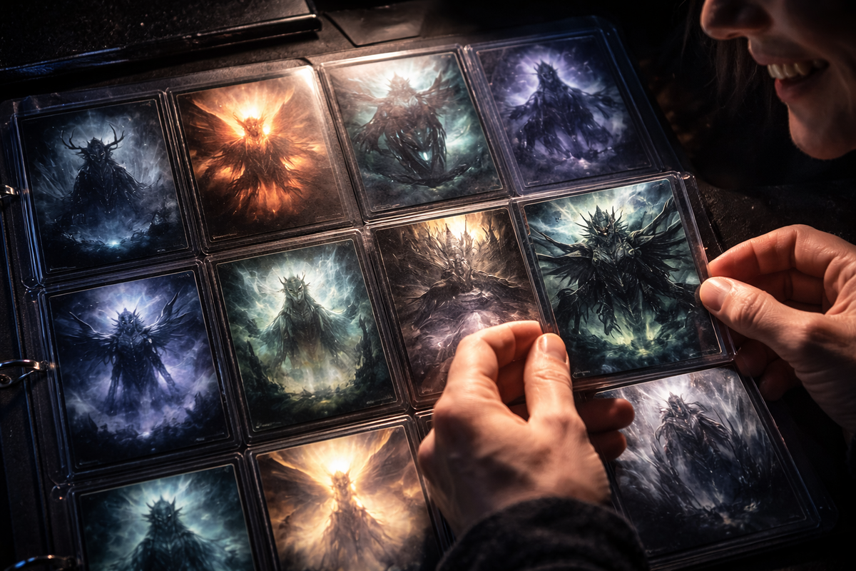 Hands sliding a newly found dark-fantasy creature card into a binder of shimmering rares—collector euphoria, lucky-pull thrill, completionist obsession, satisfied grin
