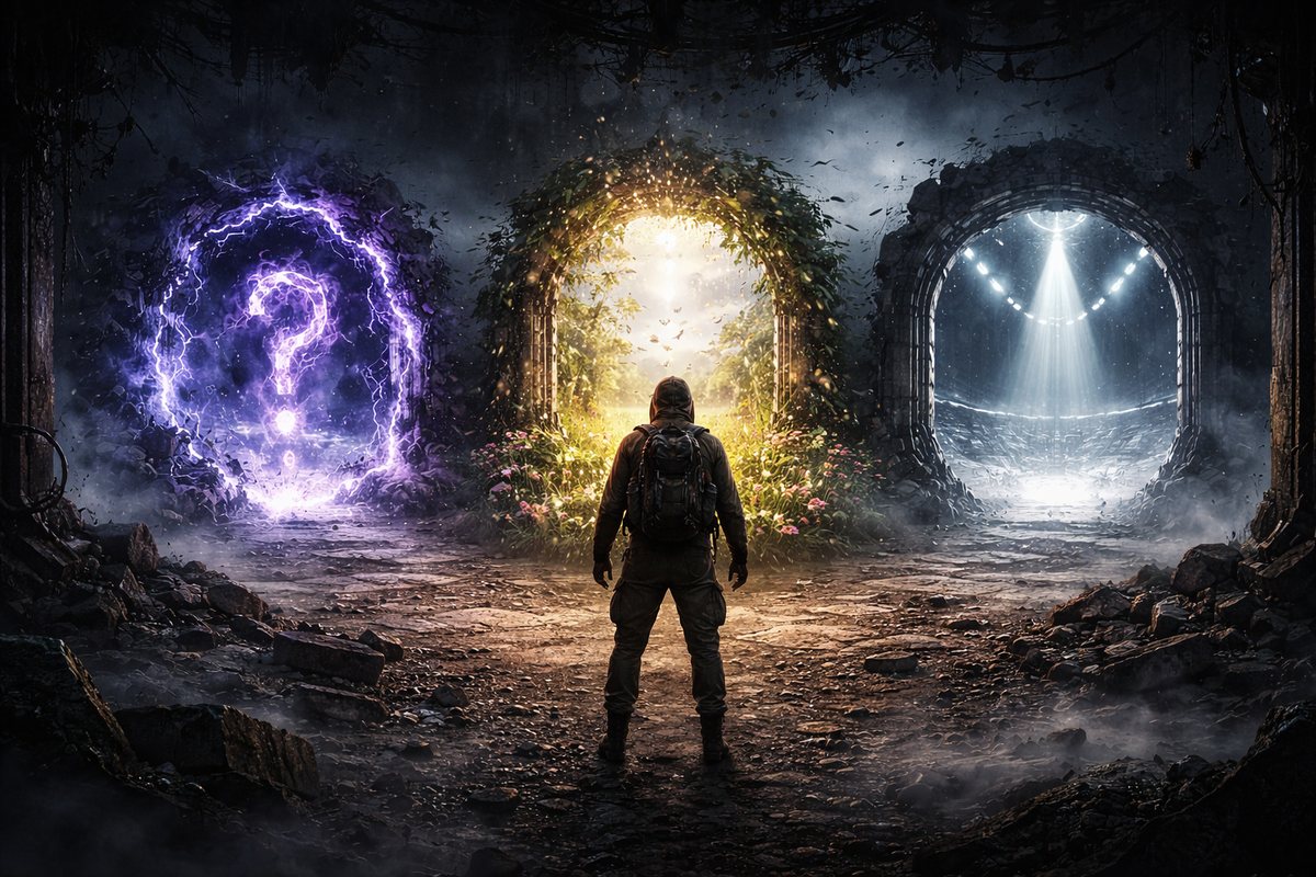 Traveler facing three portals: a crackling mystery gate, a sunlit wild garden gate, and a cold arena gate—choice anxiety, brave curiosity, high-stakes decision moment