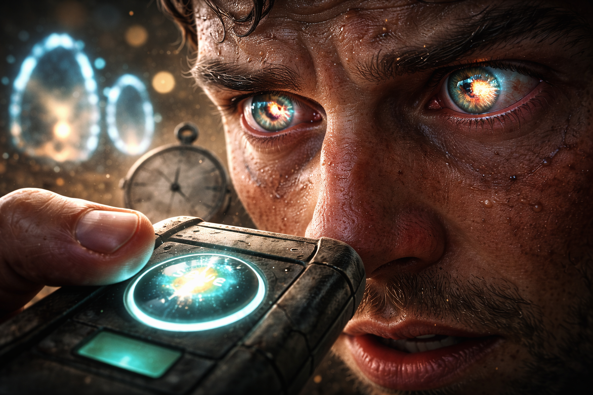 Extreme close-up of exhausted eyes reflecting a blazing rare find as a finger hovers over a glowing save device—heart-pounding suspense, no-reset fear, obsessive precision