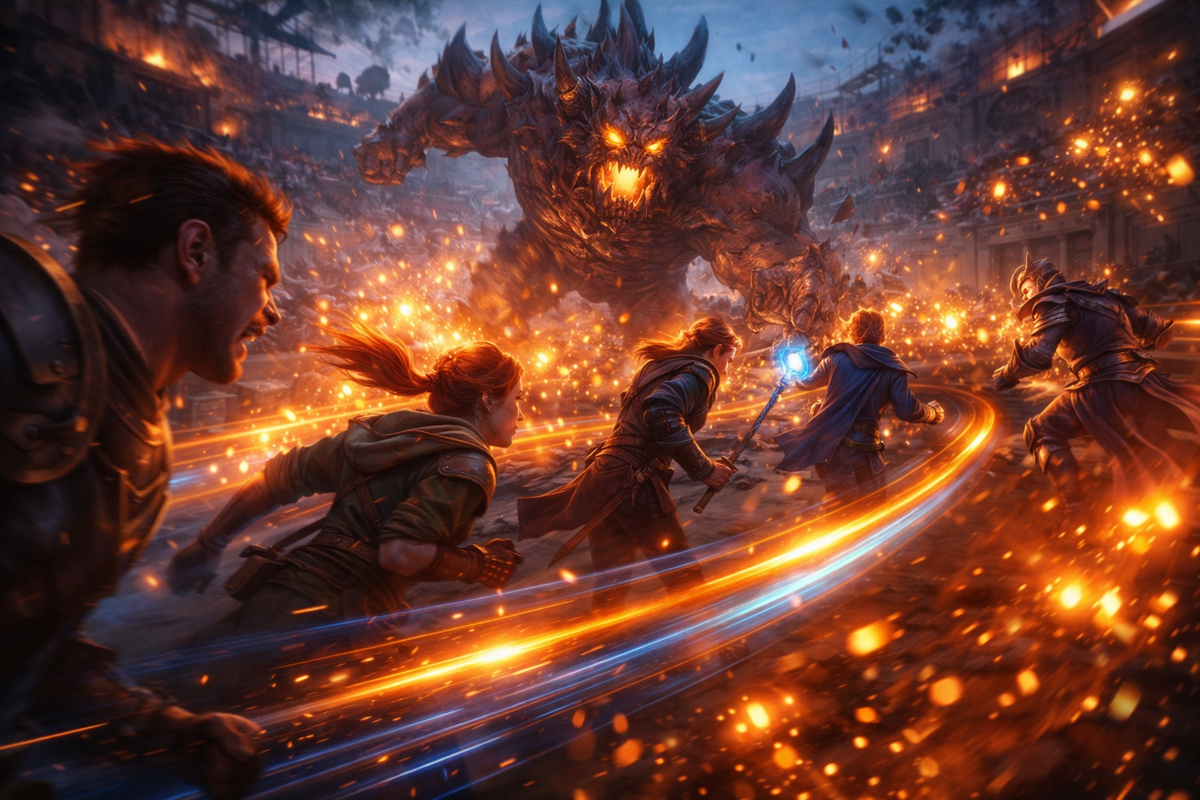 Squad sprinting through fire-spark chaos toward a towering lava beast in a shattered arena—adrenaline surge, teamwork grit, explosive danger, victory-or-fall intensity