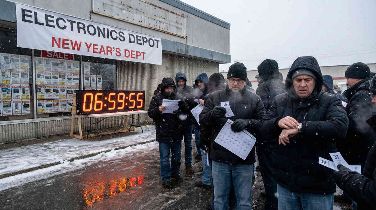 New Year’s countdown panic—store lights ignite the cold, and the line realizes it’s now-or-never.