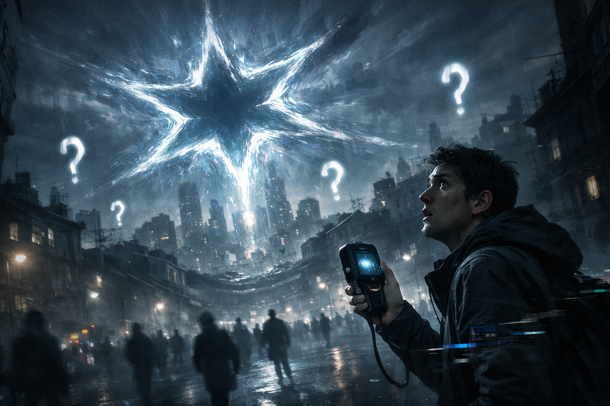 A star-shaped rift tears open above a dark city while confused crowds scatter—mystery, fear, and electrifying uncertainty as the unknown descends from the sky