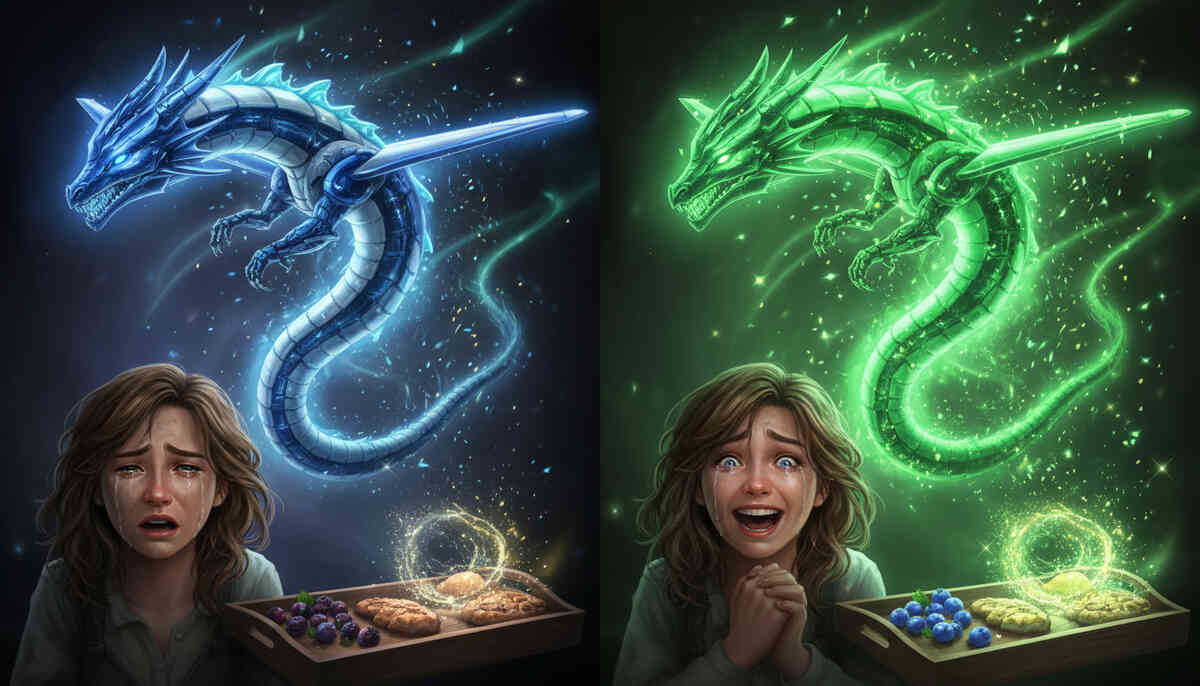 Split reality of hope and despair—normal blue dragon versus radiant green variant as emotions flip from tears to explosive joy—obsession, luck, and euphoric triumph captured in one glance