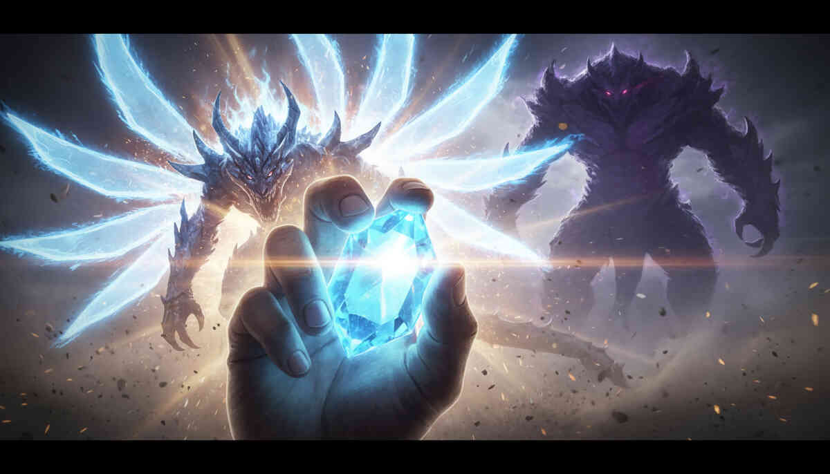 A glowing blue crystal clenched in hand as a winged energy titan awakens behind—overwhelming power, awe, and defiance colliding at the instant everything changes