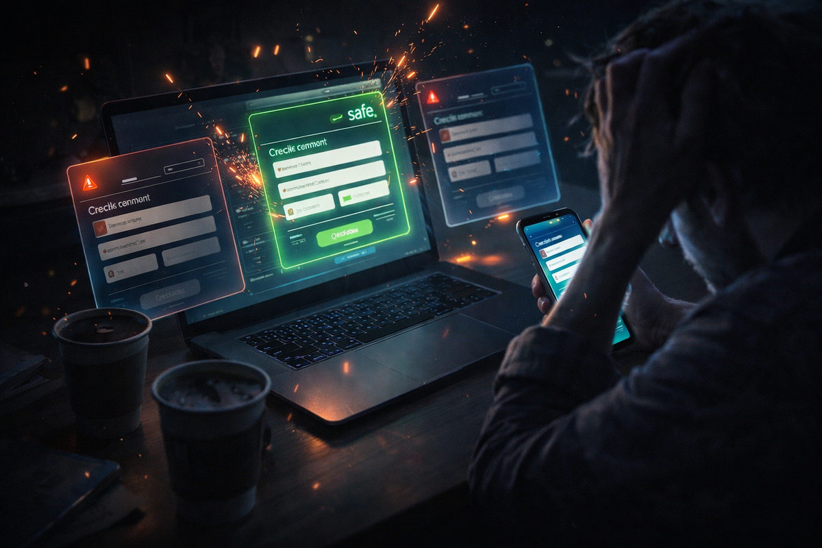 Late-night desk lit by laptop and phone screens as one checkout turns green “safe”—tension, exhaustion, and razor-sharp focus in a last-chance online hunt