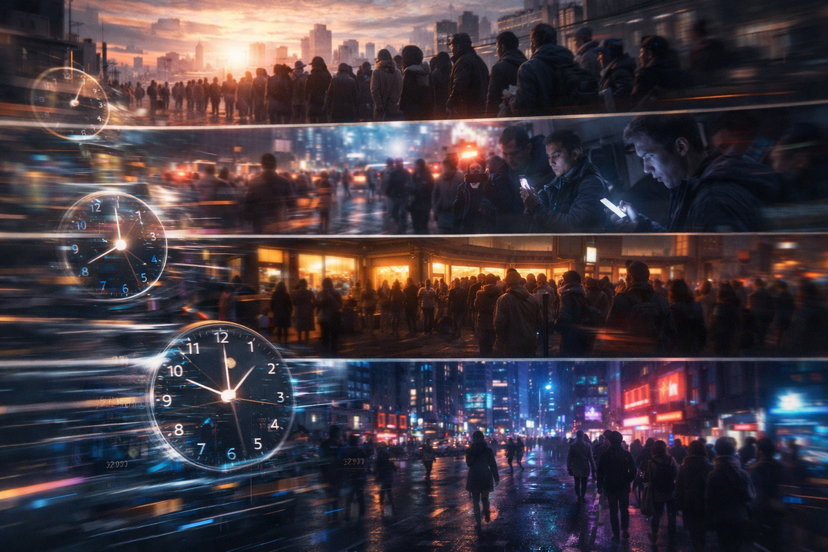 Time-sliced city crowds from dawn to night with clocks streaking past—obsession with timing, relentless movement, and the adrenaline of catching the perfect moment