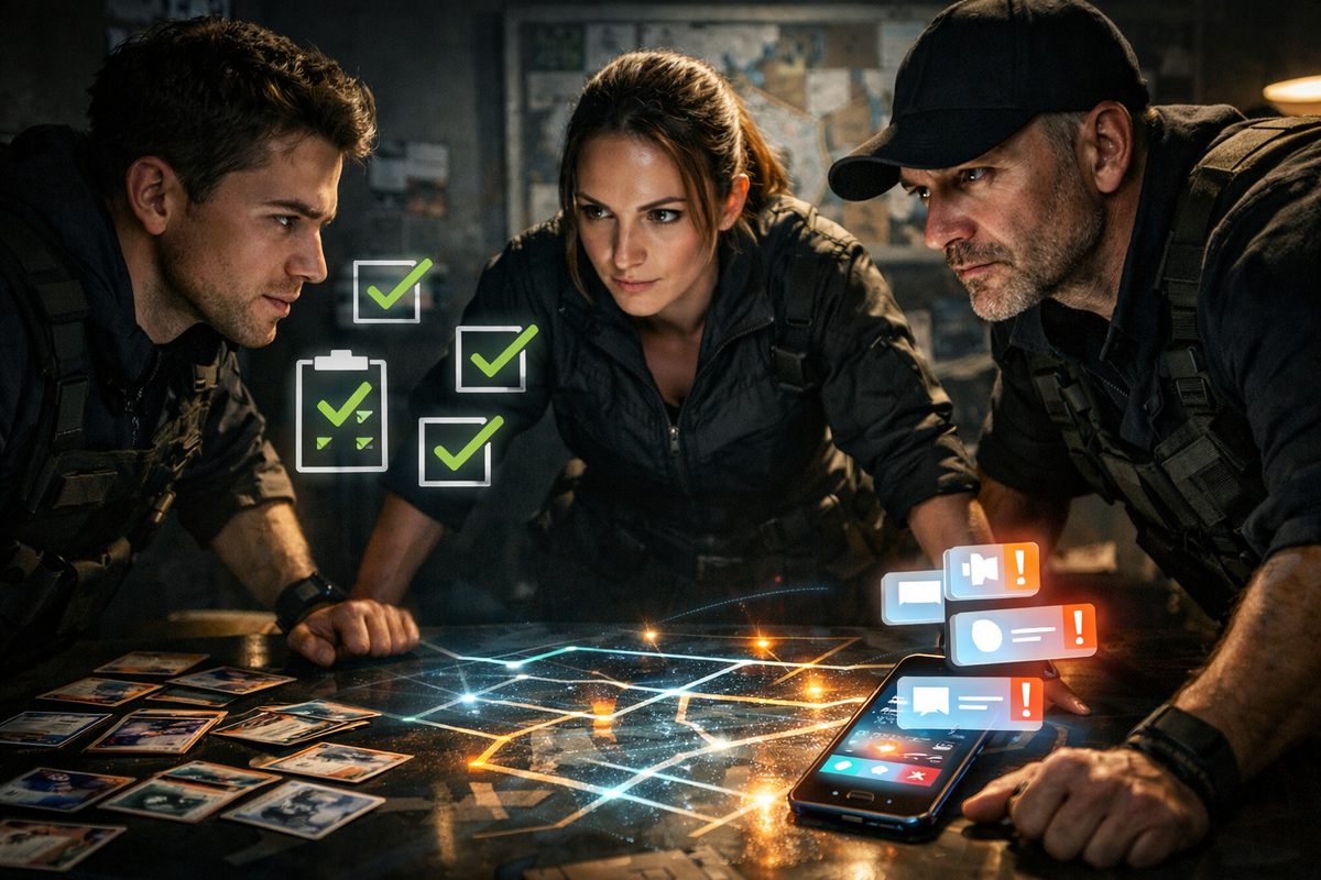 Three focused teammates lean over a glowing route map and phone alerts—discipline, trust, and calculated confidence before a coordinated buying strike