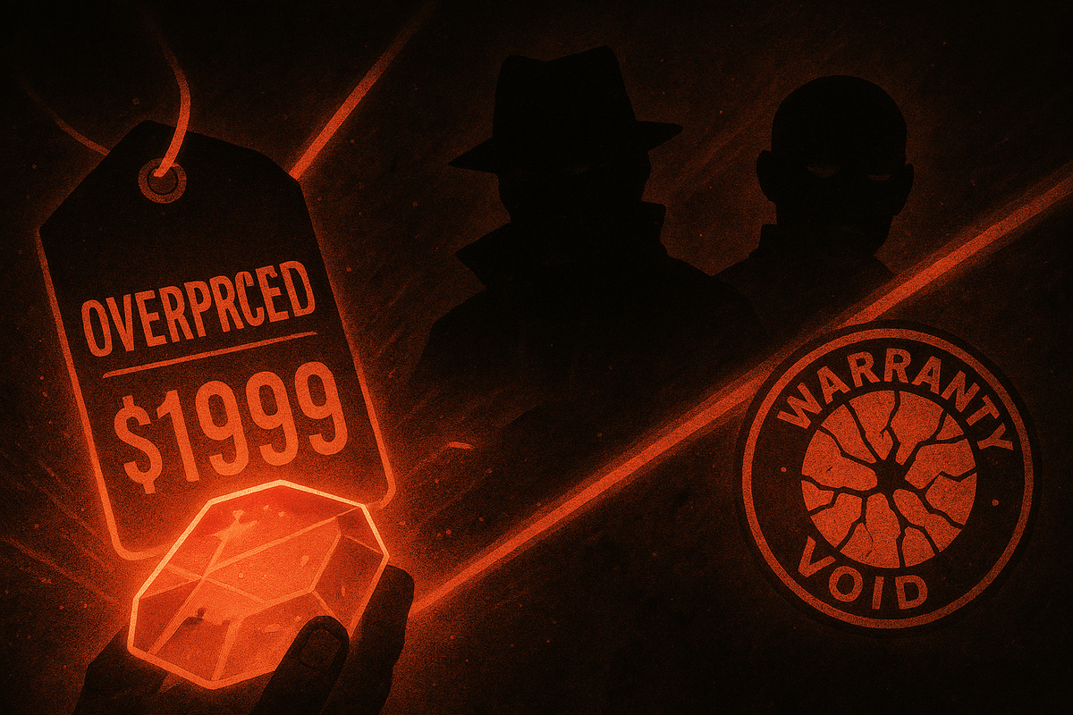 Overpriced tag glowing red beside shadowy seller silhouettes and a voided warranty seal—fear, distrust, and the hard lesson of avoiding costly mistakes