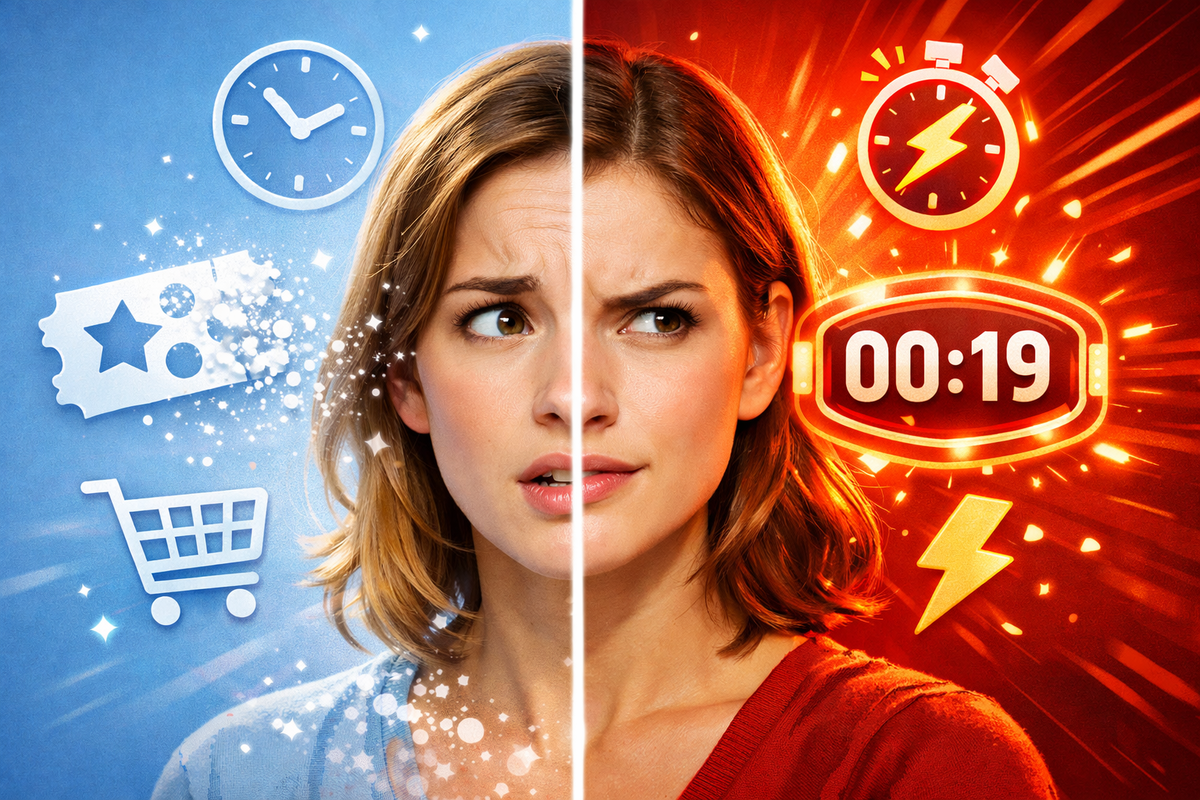 Split-screen face caught between calm planning and fiery countdown—suspenseful “now or never” pressure, adrenaline rush, checkout anxiety