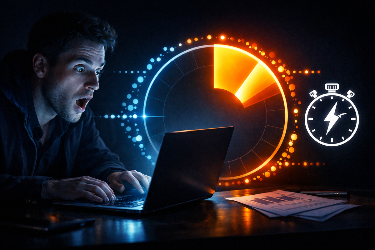 Shocked late-night laptop sprint with a blazing progress ring—time slipping away, pulse-pounding refresh frenzy, desperate determination