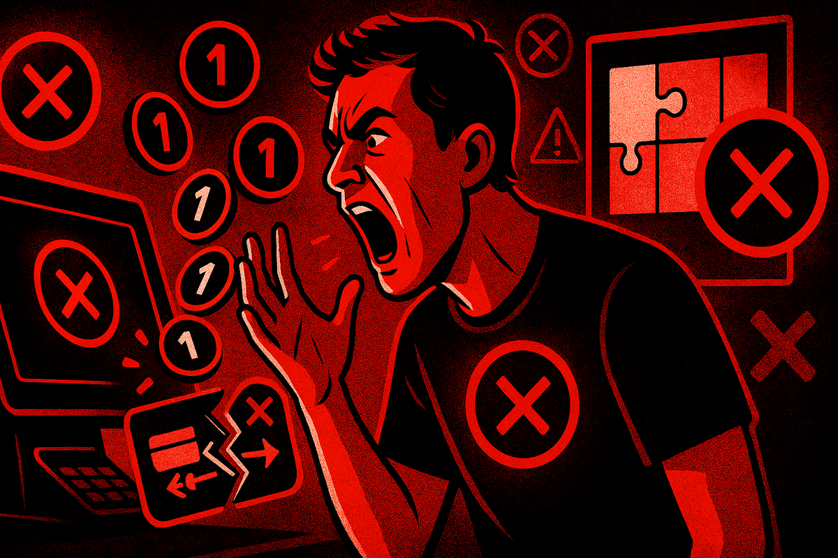 Red-hot rage scene of a buyer screaming at errors and X marks—crushing mistakes, instant regret, painful “I blew it” frustration