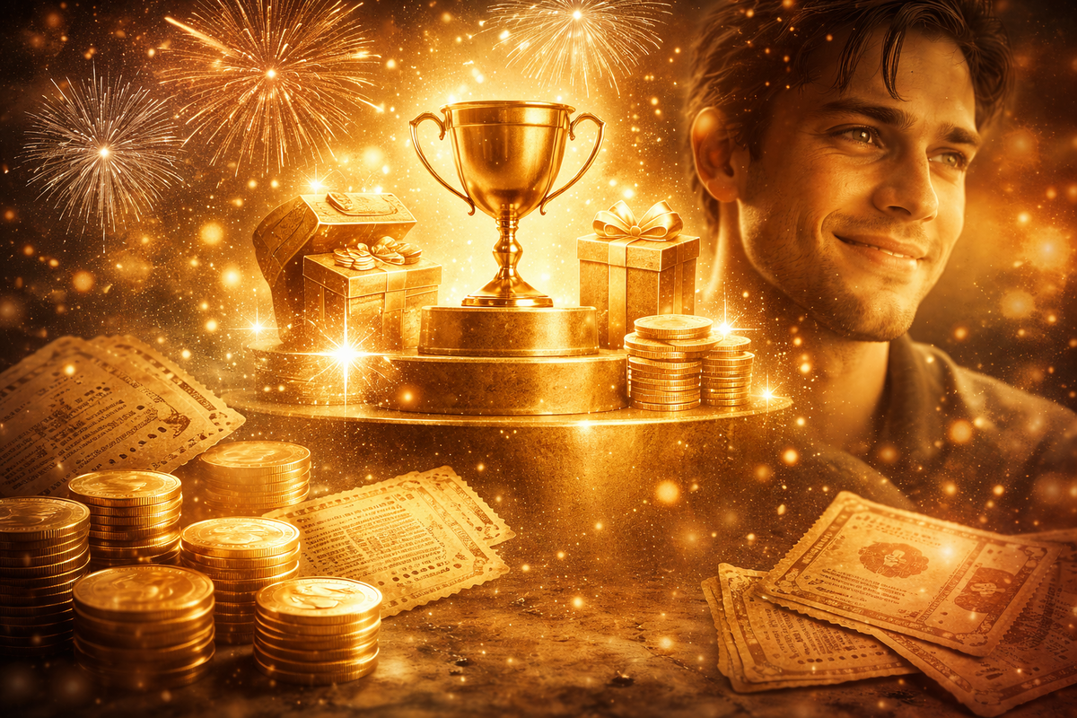Golden trophy and fireworks over piles of coins and vintage vouchers—nostalgic thrill, “glory days” sparkle, bittersweet pride and wonder