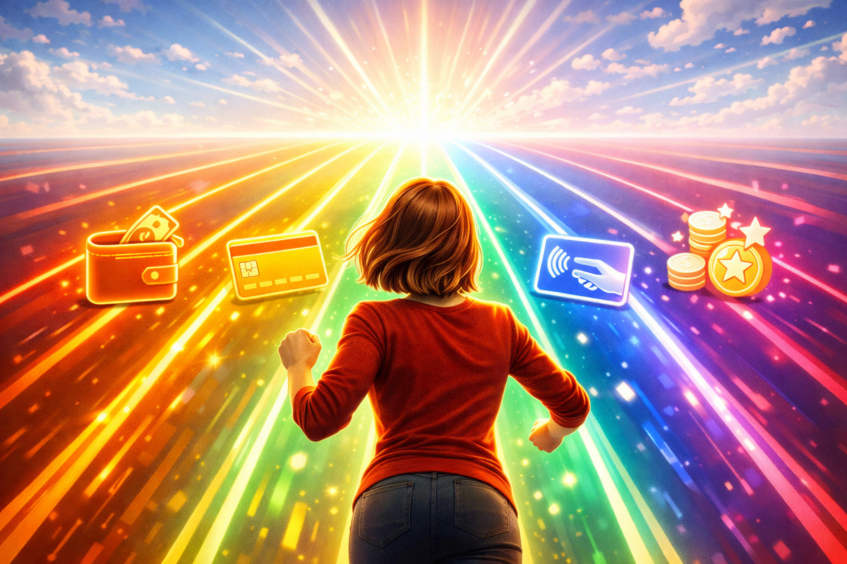 Runner charging toward a blinding horizon on five neon lanes of payment icons—hopeful urgency, choose-your-path adrenaline, comeback momentum
