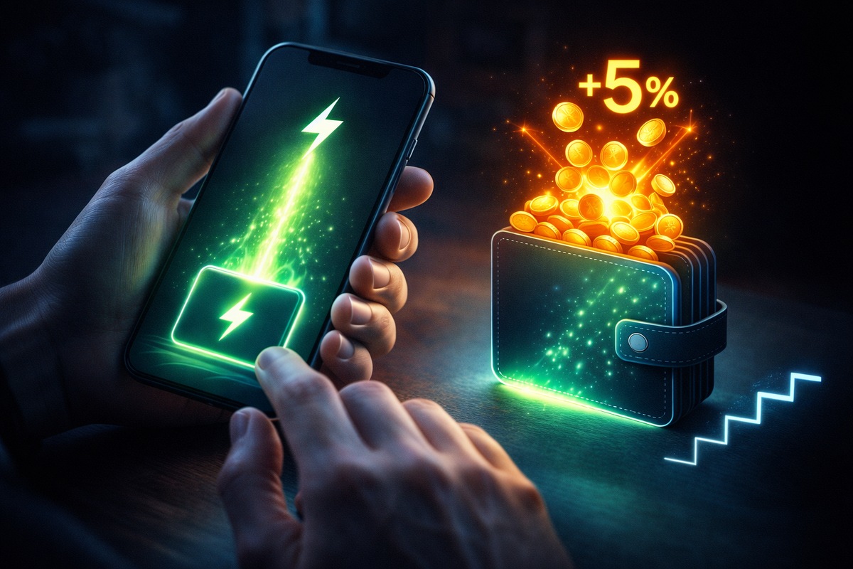 Phone charging a glowing digital wallet as coins burst upward—satisfying “boost unlocked” excitement, smart control, money-saving triumph vibe
