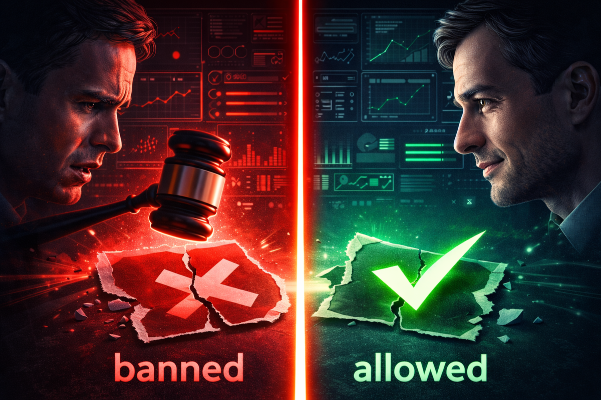 Dramatic split-screen crackdown: red gavel and broken X versus green check and rising charts—tense rule-change drama, clarity after chaos, decisive relief