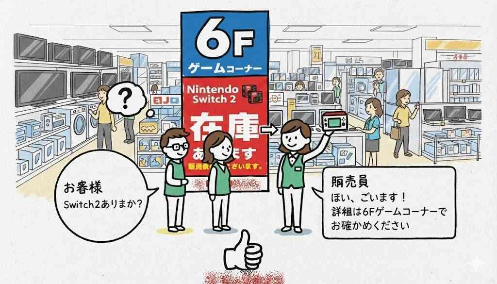 Friendly in-store illustration of a shopper asking about Switch 2 as a smiling clerk points to the 6F game corner sign—clarity, relief, and hopeful momentum when stock is finally within reach