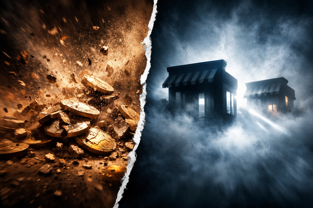 Torn split-screen: reward coins exploding into dust on one side, foggy silent storefronts on the other—sudden rule-change shock, anxious uncertainty, wake-up moment for smart donors