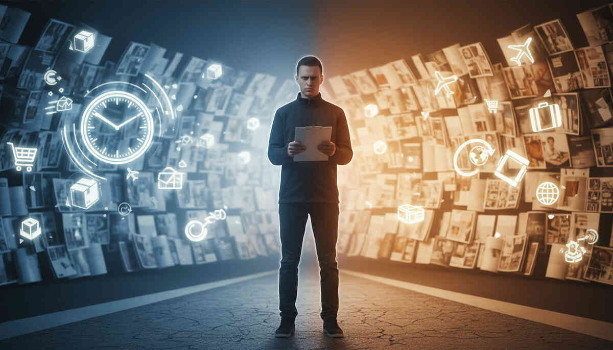 Focused person holding a clipboard between cool blue and warm amber walls filled with floating shopping, clock, and travel icons—tense indecision turning into calm resolve, “which path fits me” mood