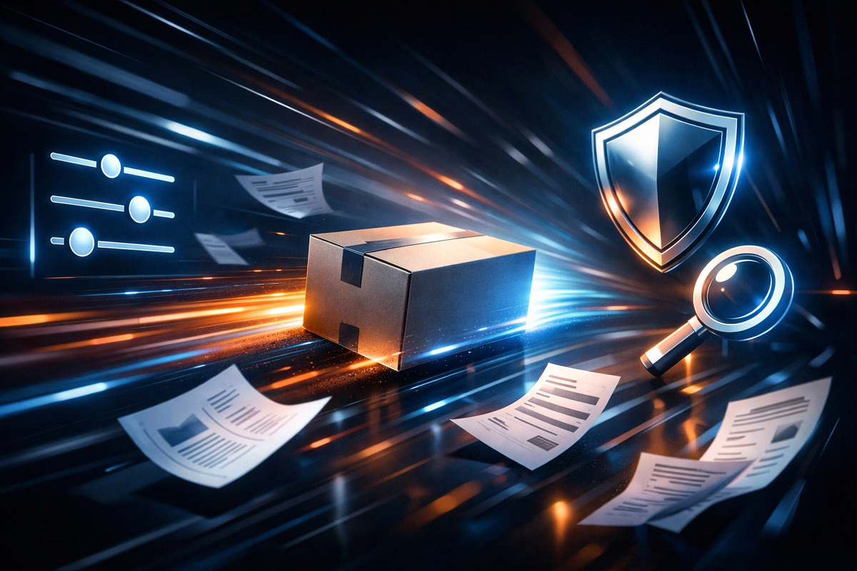 A sleek parcel racing through neon streaks with floating documents, filter sliders, a shield, and a magnifying glass—urgent momentum, secure-and-smart vibe, confident “optimize and verify” energy
