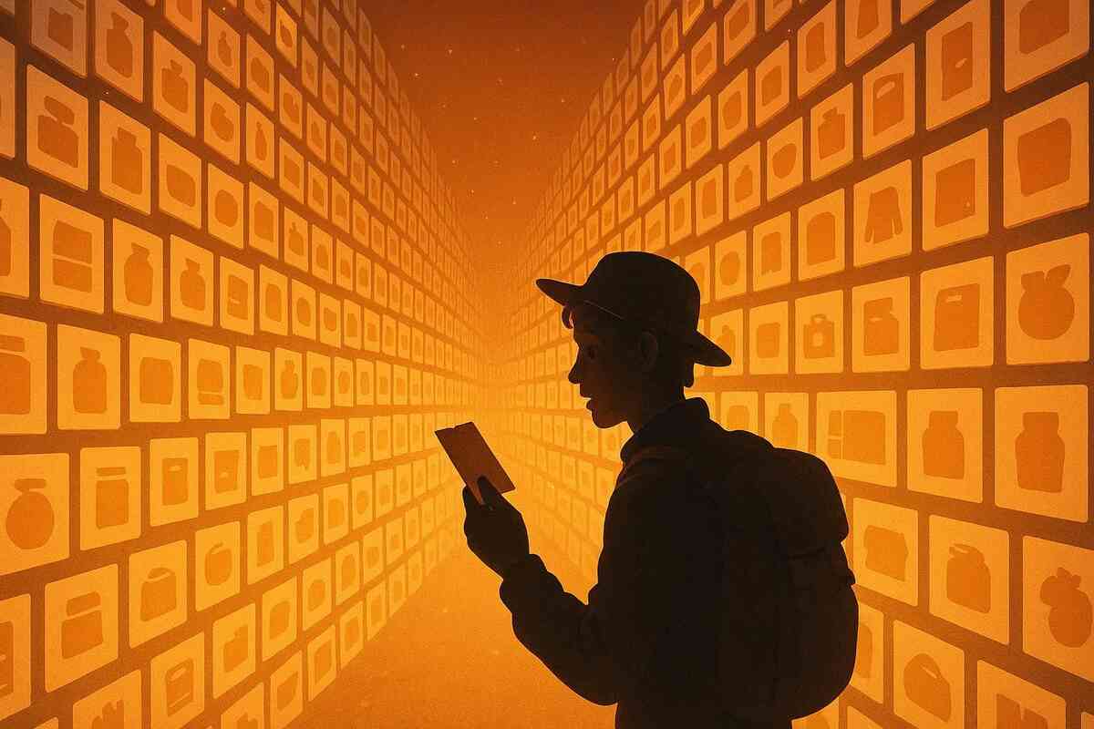 Silhouetted shopper in an endless orange corridor of product tiles—overwhelmed curiosity, temptation overload, determined search for the perfect pick in a sea of options
