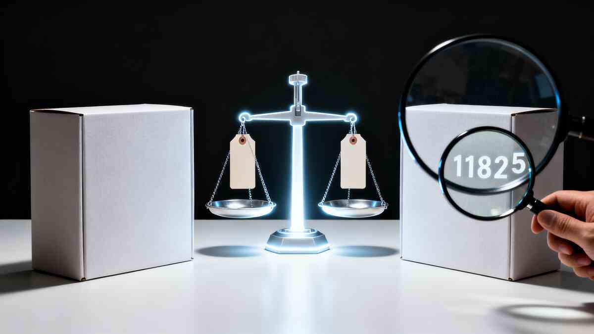 Minimal tabletop comparison: two blank boxes, glowing balance scale with hanging tags, and a magnifying glass revealing a number—cold hard evidence, suspenseful fairness, satisfying “truth revealed” feeling